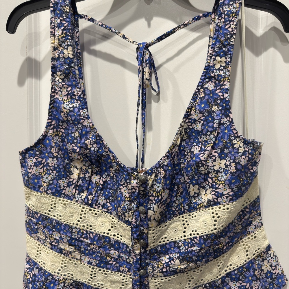 NWT Free People Floral Blue and Cream Top M